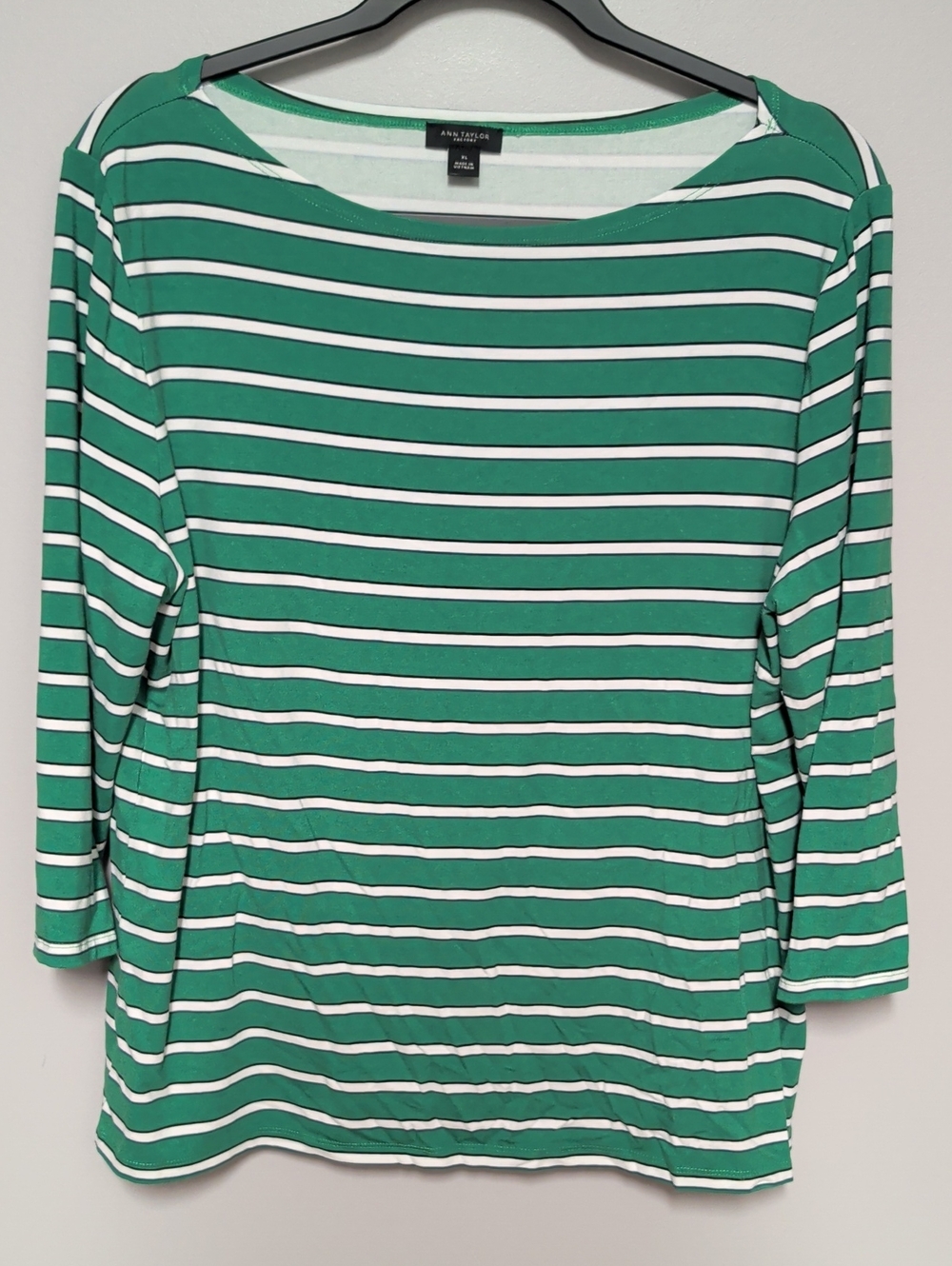 Ann Taylor Green & White Striped Boatneck Long Sleeve Top